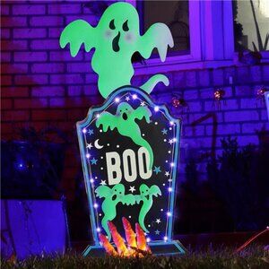 Halloween Yard Stake, 26.4" Solar Lighted Metal Tombstone with Glow in the dark